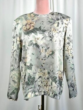 Josephine Chaus Vintage Floral Blouse Sage Green Satin Top Size 12